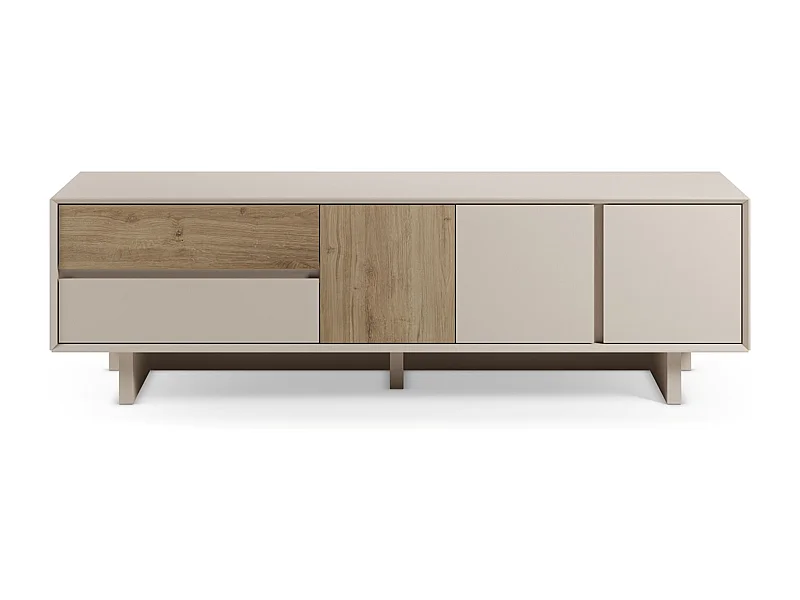 Meuble TV, meuble de salon avec 3 portes et 2 tiroirs aspect bois coloris chêne, blanc - Longueur 180 x Profondeur 45 x Hauteur 55,30 cm