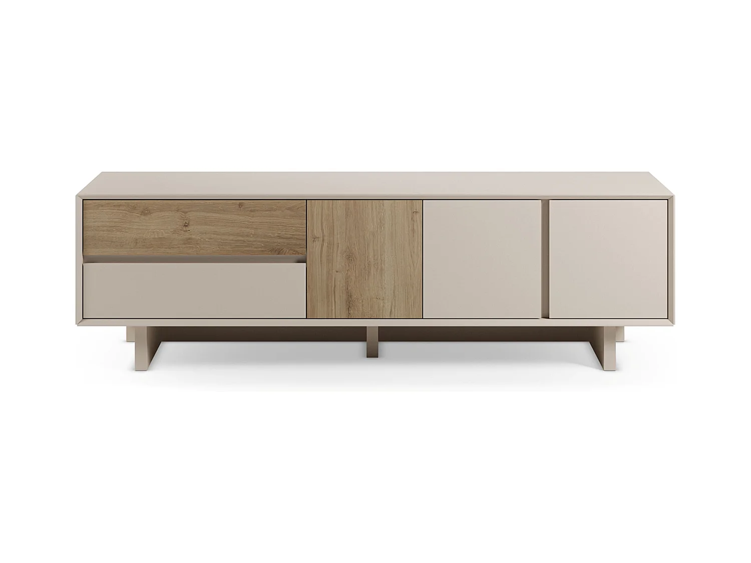 Meuble TV, meuble de salon avec 3 portes et 2 tiroirs aspect bois coloris chêne, blanc - Longueur 180 x Profondeur 45 x Hauteur 55,30 cm