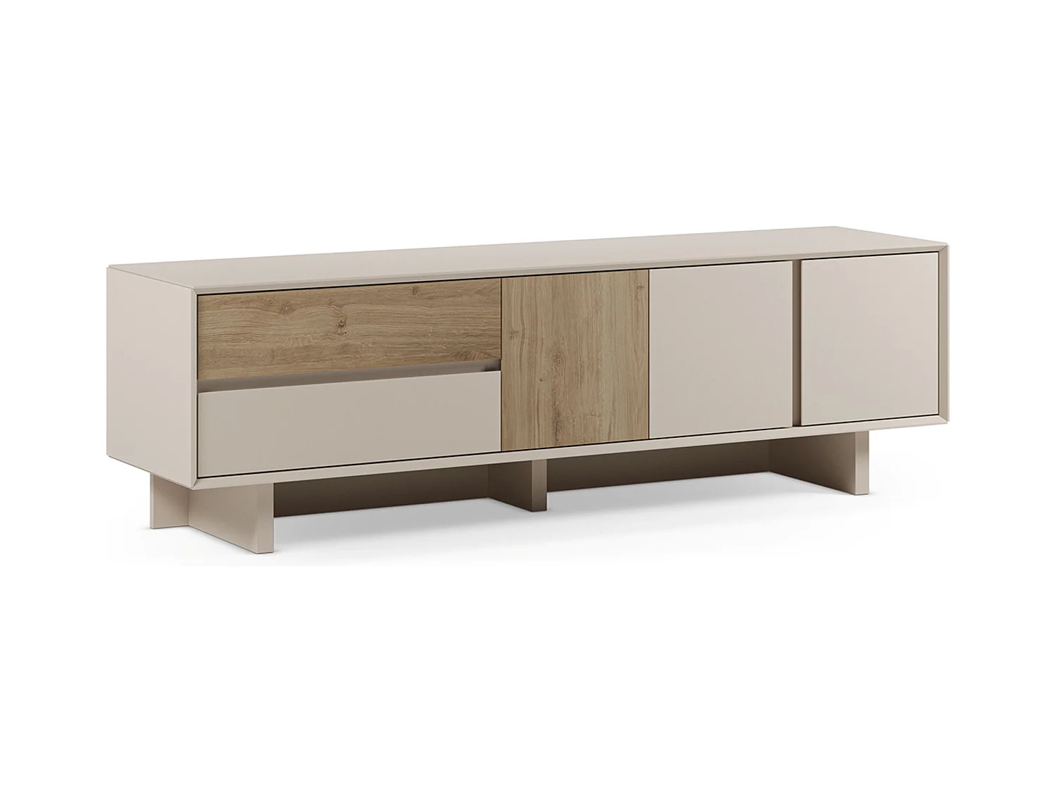 Meuble TV, meuble de salon avec 3 portes et 2 tiroirs aspect bois coloris chêne, blanc - Longueur 180 x Profondeur 45 x Hauteur 55,30 cm