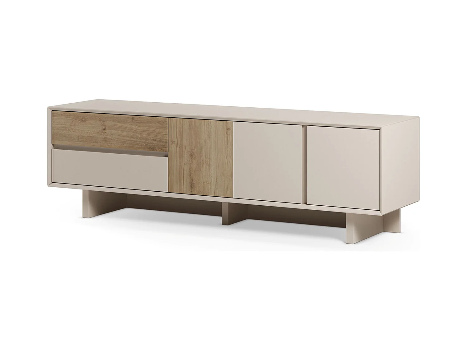 Meuble TV, meuble de salon avec 3 portes et 2 tiroirs aspect bois coloris chêne, blanc - Longueur 180 x Profondeur 45 x Hauteur 55,30 cm