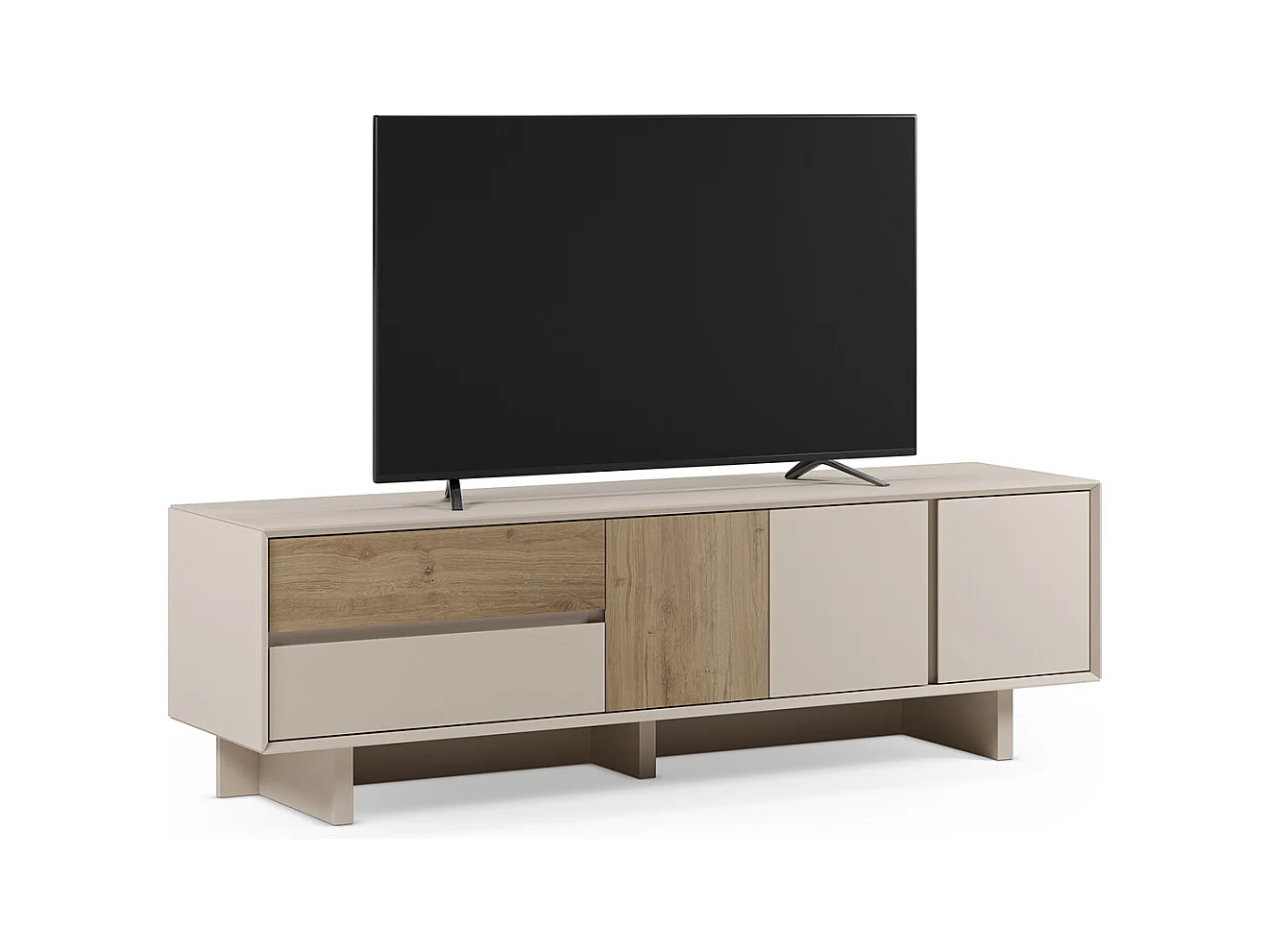 Meuble TV, meuble de salon avec 3 portes et 2 tiroirs aspect bois coloris chêne, blanc - Longueur 180 x Profondeur 45 x Hauteur 55,30 cm