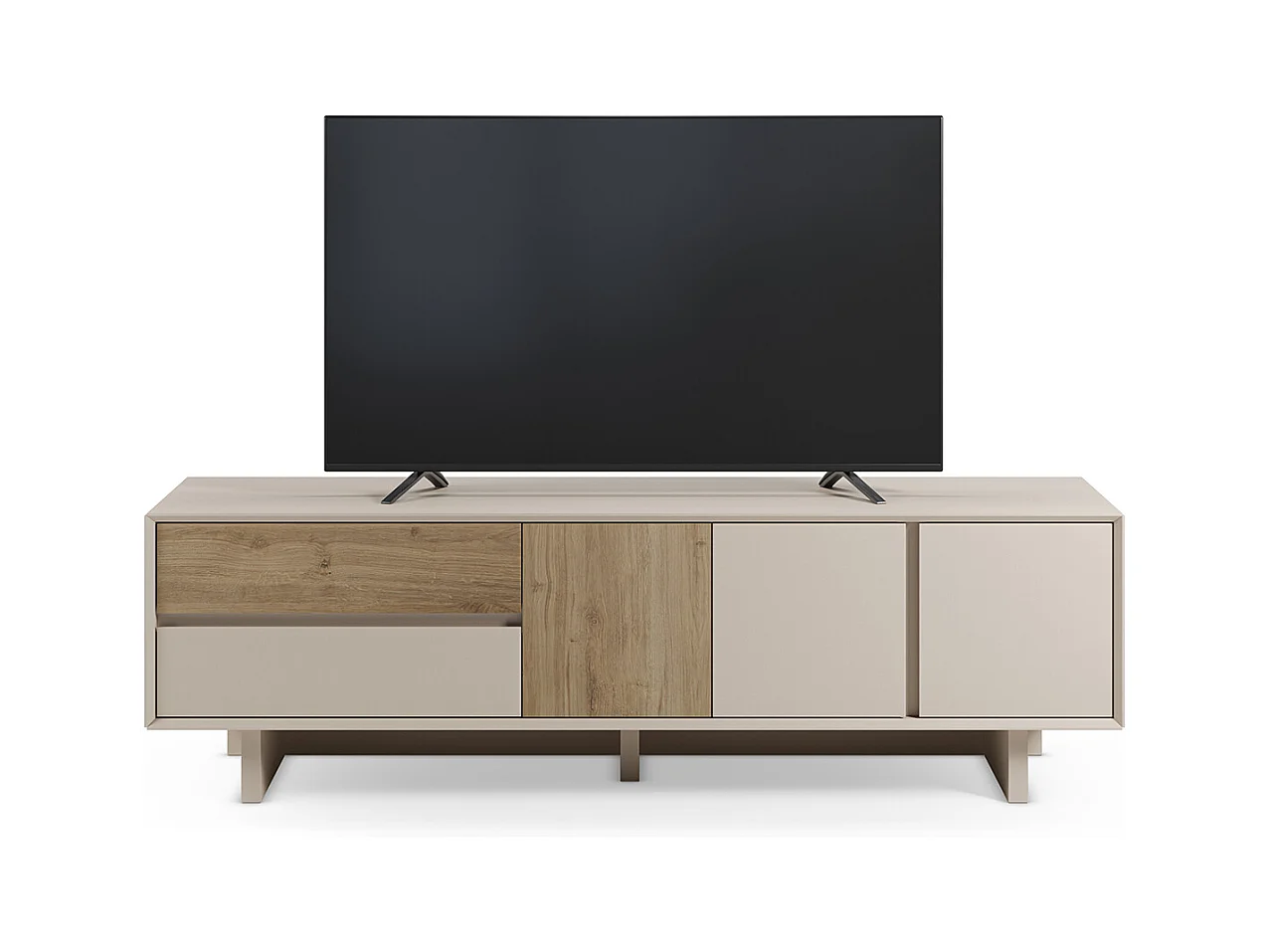 Meuble TV, meuble de salon avec 3 portes et 2 tiroirs aspect bois coloris chêne, blanc - Longueur 180 x Profondeur 45 x Hauteur 55,30 cm