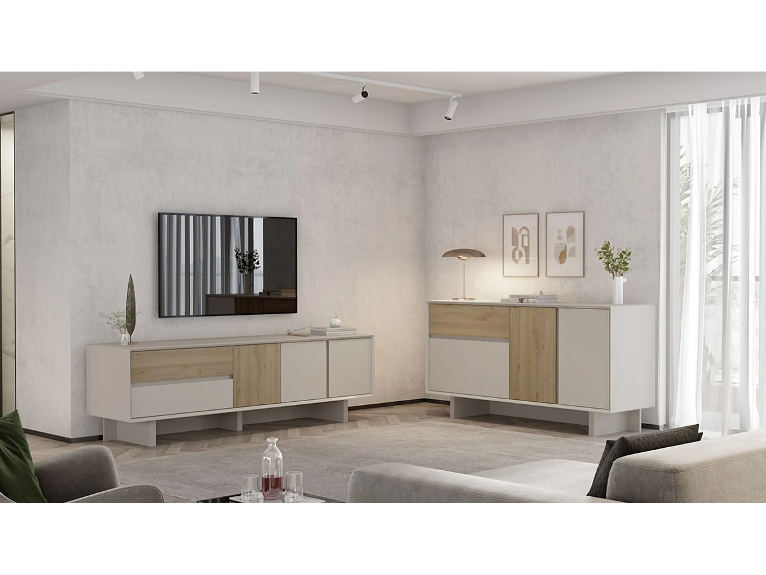 Meuble TV, meuble de salon avec 3 portes et 2 tiroirs aspect bois coloris chêne, blanc - Longueur 180 x Profondeur 45 x Hauteur 55,30 cm