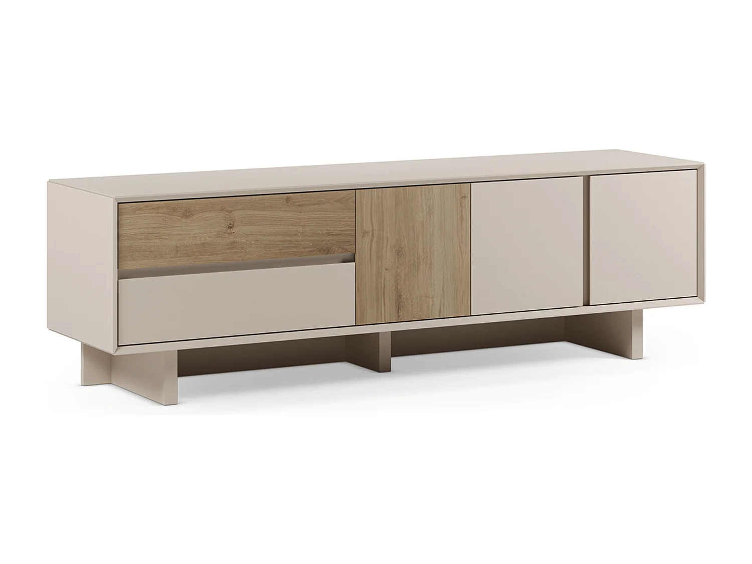 Meuble TV, meuble de salon avec 3 portes et 2 tiroirs aspect bois coloris chêne, blanc - Longueur 180 x Profondeur 45 x Hauteur 55,30 cm
