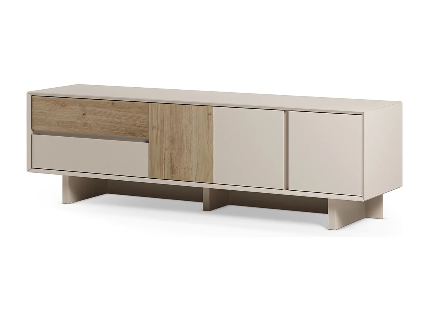 Meuble TV, meuble de salon avec 3 portes et 2 tiroirs aspect bois coloris chêne, blanc - Longueur 180 x Profondeur 45 x Hauteur 55,30 cm