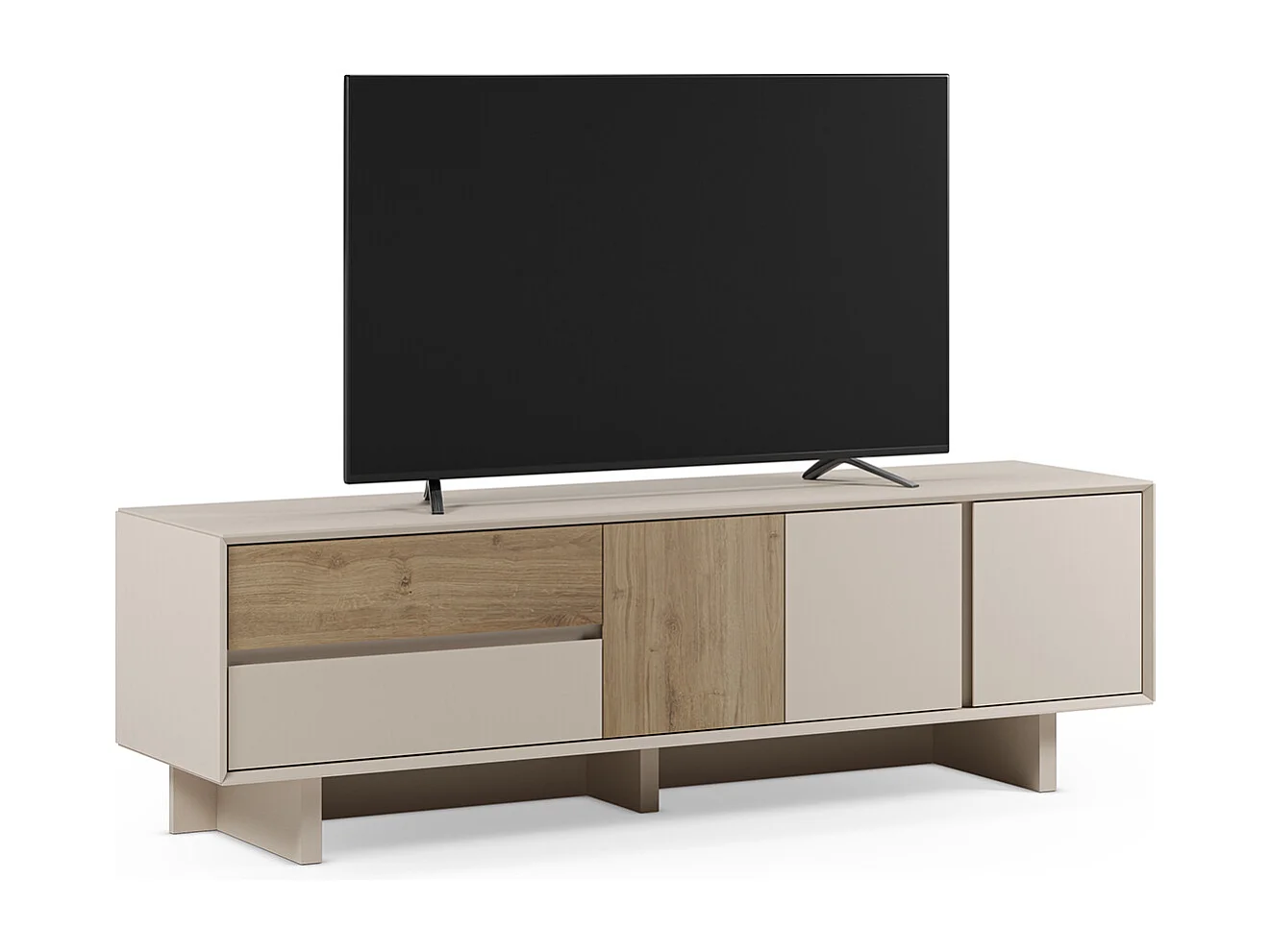 Meuble TV, meuble de salon avec 3 portes et 2 tiroirs aspect bois coloris chêne, blanc - Longueur 180 x Profondeur 45 x Hauteur 55,30 cm