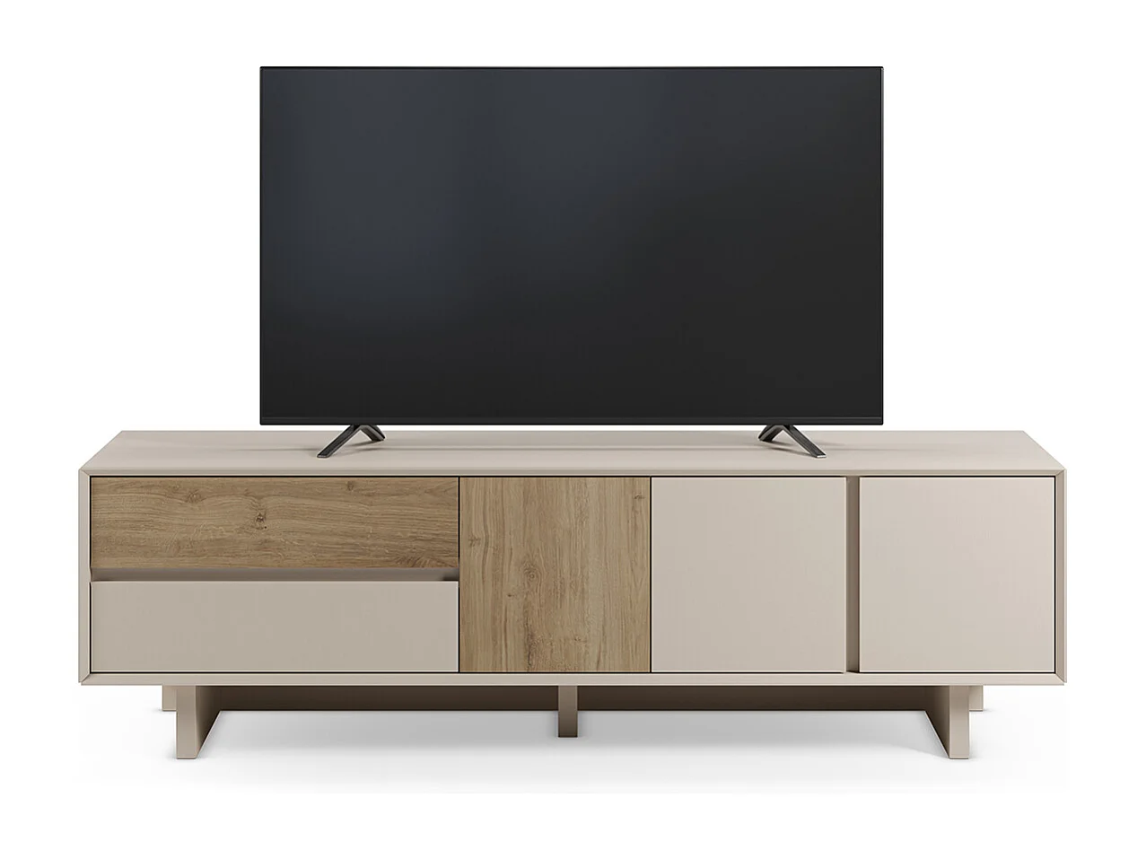 Meuble TV, meuble de salon avec 3 portes et 2 tiroirs aspect bois coloris chêne, blanc - Longueur 180 x Profondeur 45 x Hauteur 55,30 cm