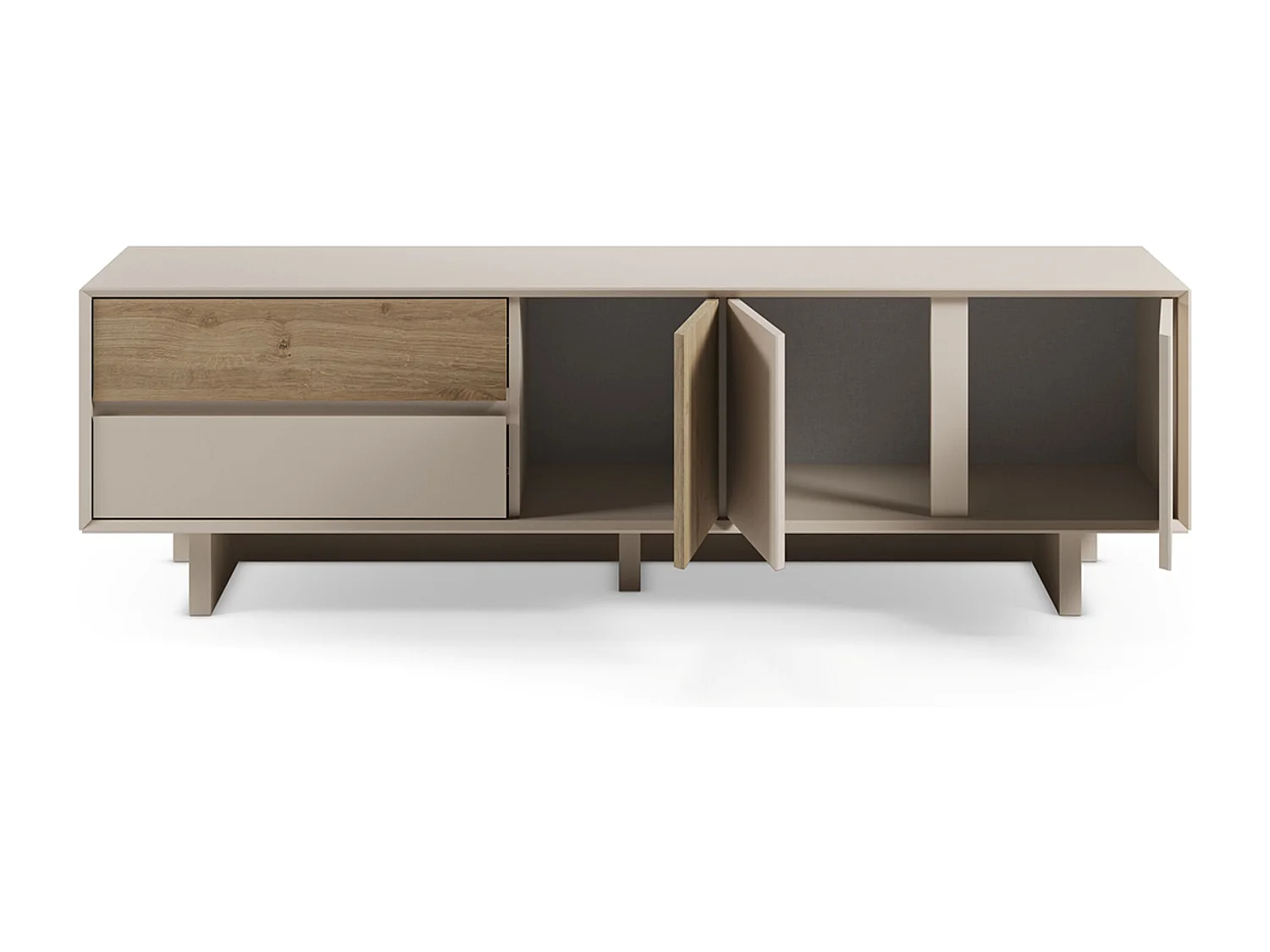 Meuble TV, meuble de salon avec 3 portes et 2 tiroirs aspect bois coloris chêne, blanc - Longueur 180 x Profondeur 45 x Hauteur 55,30 cm