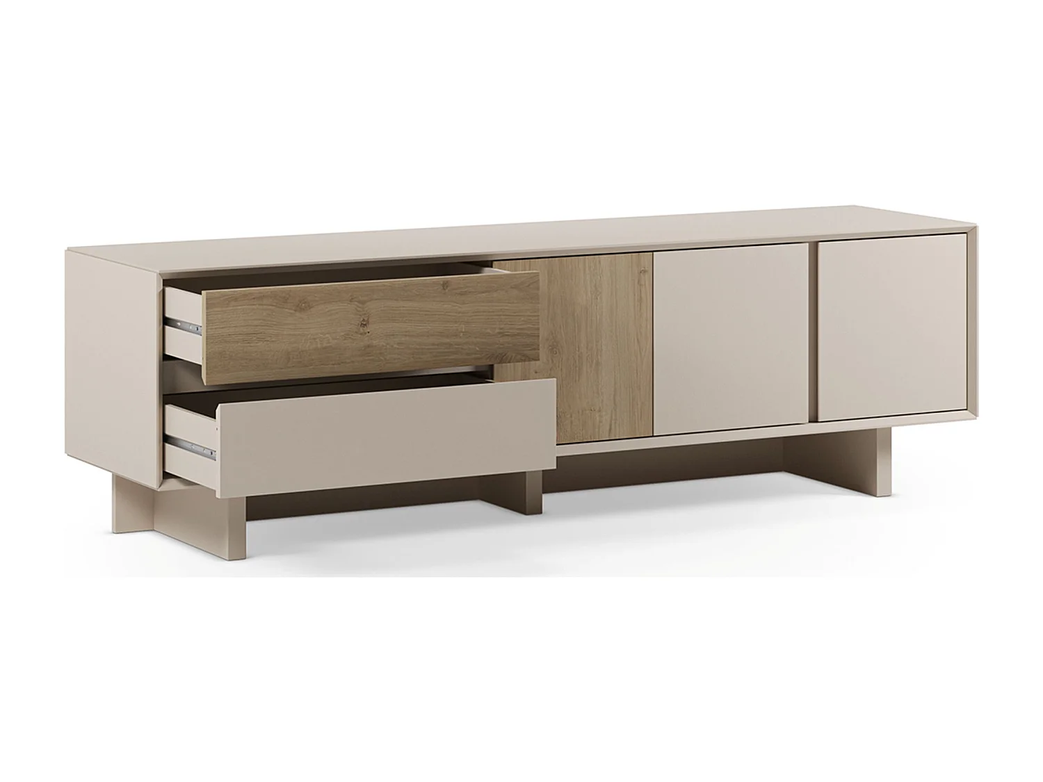 Meuble TV, meuble de salon avec 3 portes et 2 tiroirs aspect bois coloris chêne, blanc - Longueur 180 x Profondeur 45 x Hauteur 55,30 cm