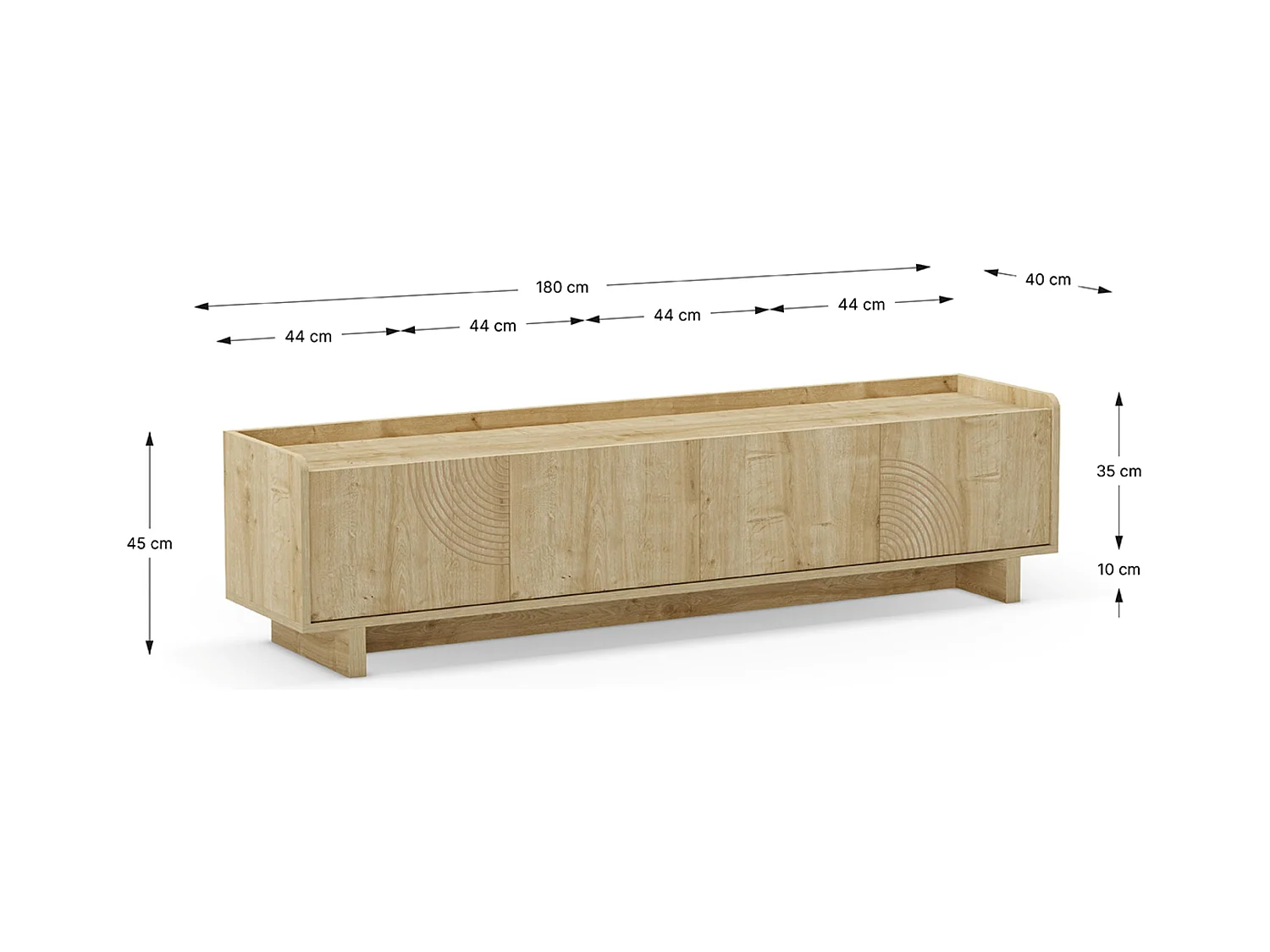 Meuble TV, meuble de salon avec 4 portes aspect bois coloris chêne - Longueur 180 x Profondeur 40 x Hauteur 45 cm