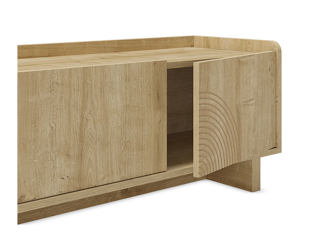 Meuble TV, meuble de salon avec 4 portes aspect bois coloris chêne - Longueur 180 x Profondeur 40 x Hauteur 45 cm