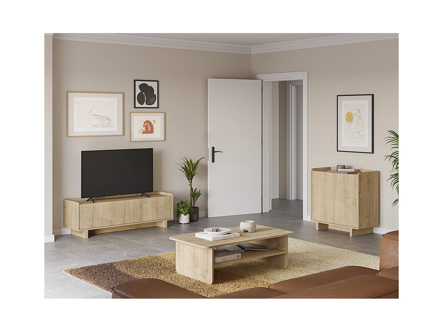 Meuble TV, meuble de salon avec 4 portes aspect bois coloris chêne - Longueur 180 x Profondeur 40 x Hauteur 45 cm