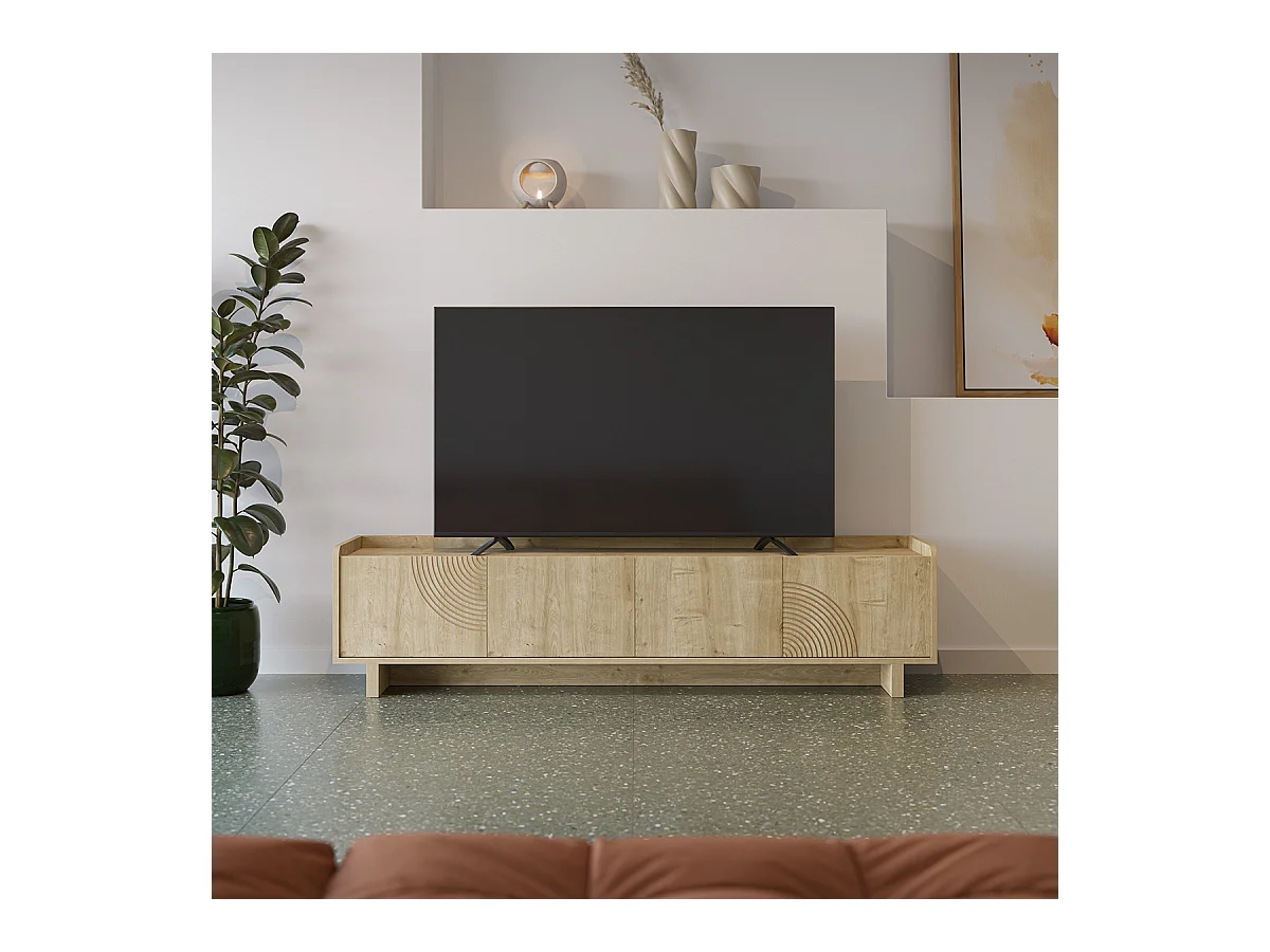 Meuble TV, meuble de salon avec 4 portes aspect bois coloris chêne - Longueur 180 x Profondeur 40 x Hauteur 45 cm