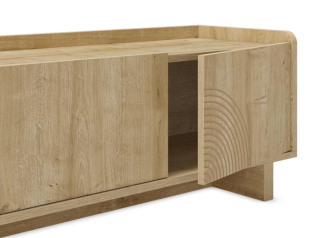 Meuble TV, meuble de salon avec 4 portes aspect bois coloris chêne - Longueur 180 x Profondeur 40 x Hauteur 45 cm