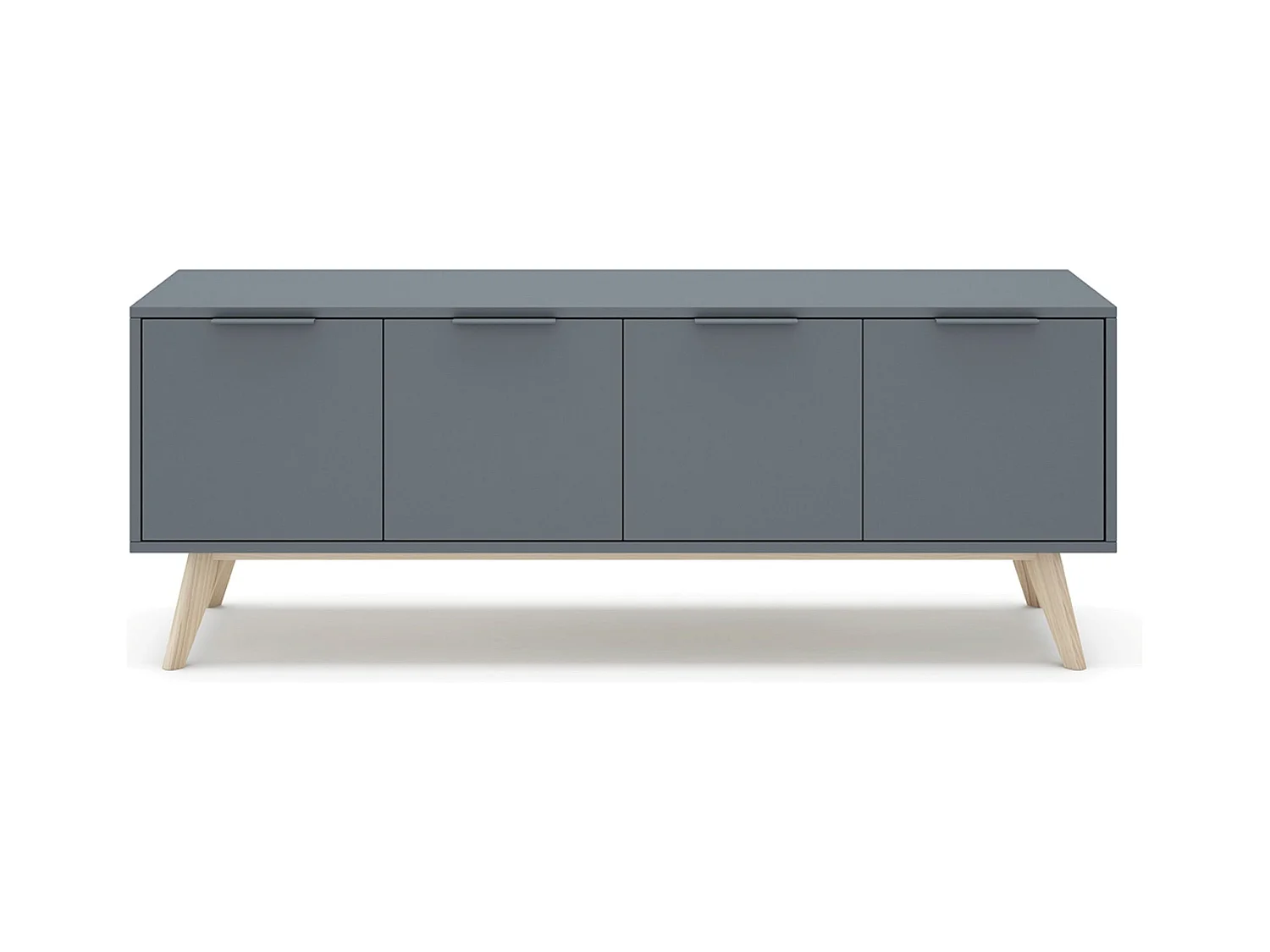 Meuble TV, Meuble de salon avec 4 portes aspect bois coloris Vert Kaki, pieds en pin coloris blanc ciré - Longueur 140 x Profondeur 40 x Hauteur 53 cm