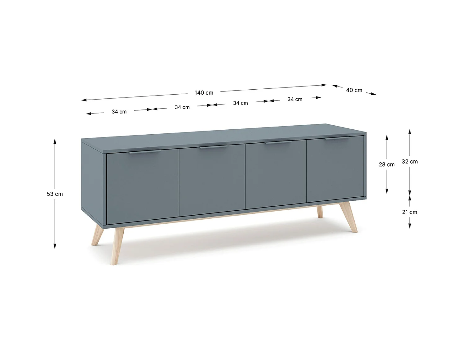 Meuble TV, Meuble de salon avec 4 portes aspect bois coloris Vert Kaki, pieds en pin coloris blanc ciré - Longueur 140 x Profondeur 40 x Hauteur 53 cm