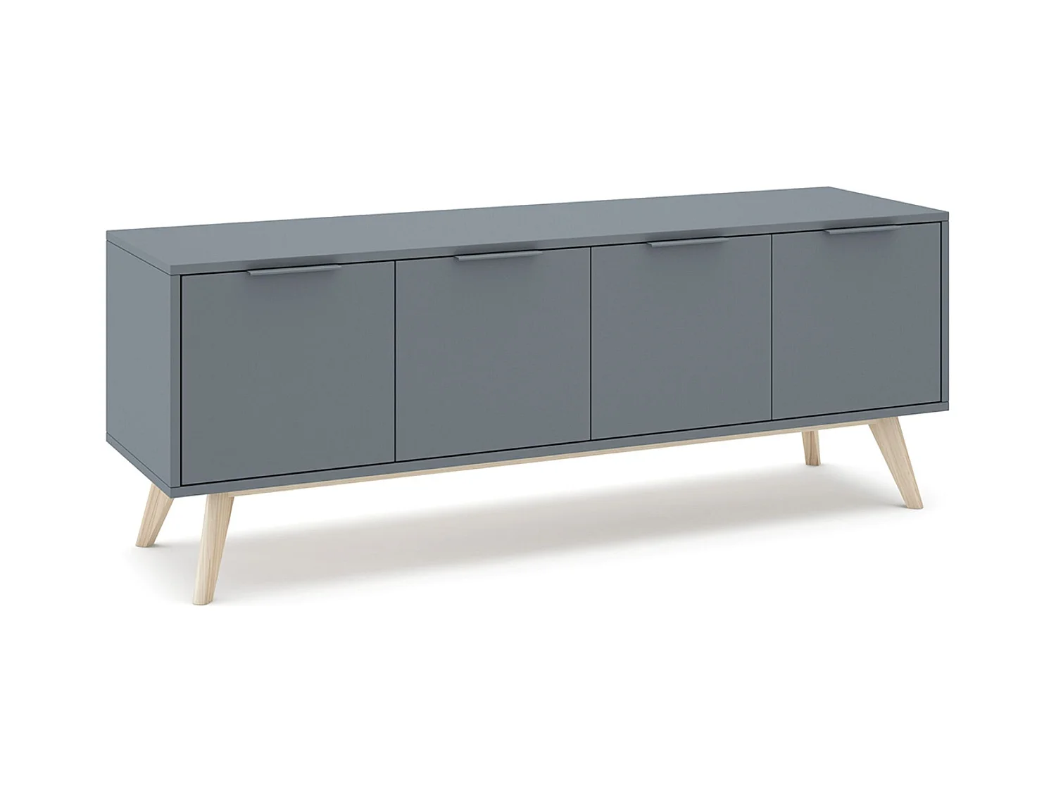 Meuble TV, Meuble de salon avec 4 portes aspect bois coloris Vert Kaki, pieds en pin coloris blanc ciré - Longueur 140 x Profondeur 40 x Hauteur 53 cm