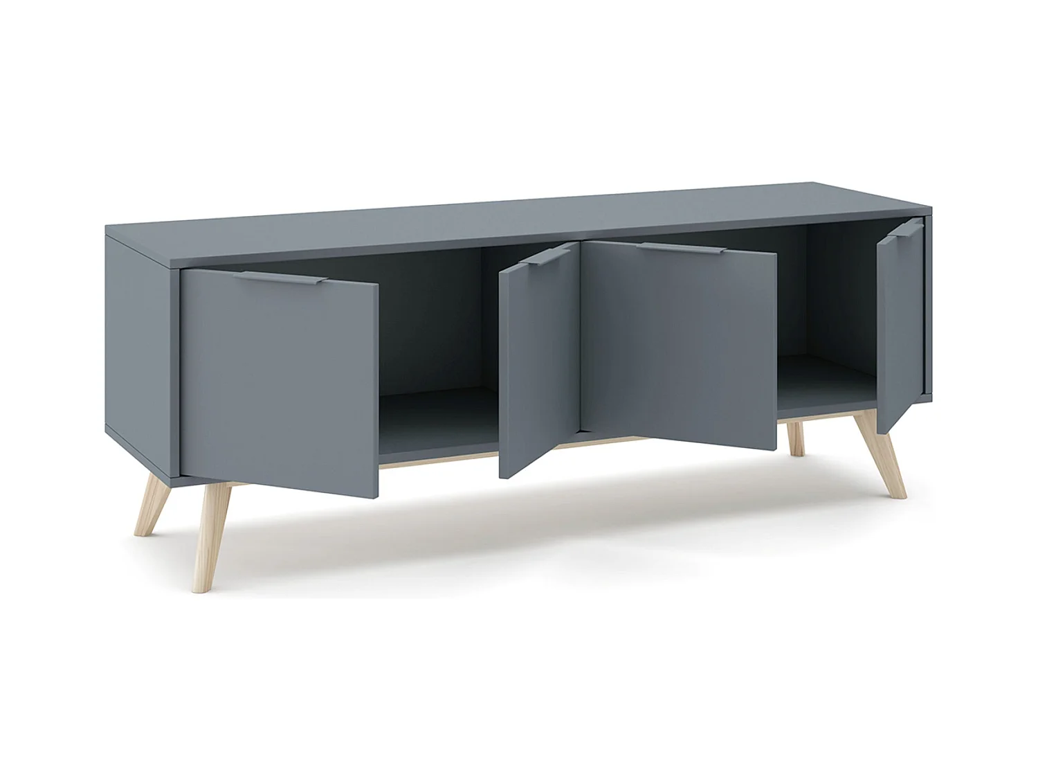 Meuble TV, Meuble de salon avec 4 portes aspect bois coloris Vert Kaki, pieds en pin coloris blanc ciré - Longueur 140 x Profondeur 40 x Hauteur 53 cm