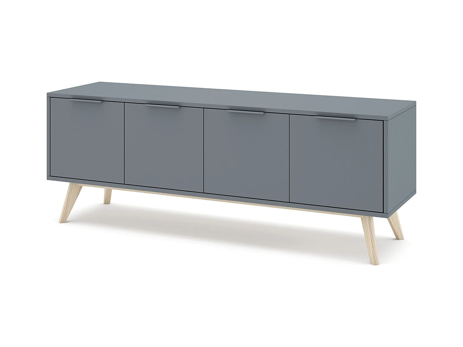 Meuble TV, Meuble de salon avec 4 portes aspect bois coloris Vert Kaki, pieds en pin coloris blanc ciré - Longueur 140 x Profondeur 40 x Hauteur 53 cm