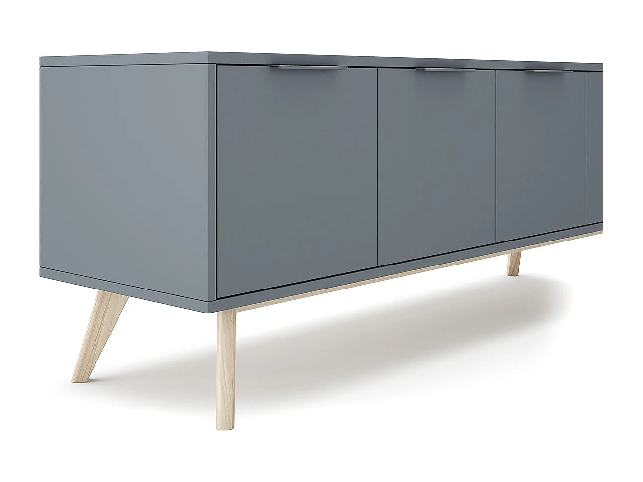 Meuble TV, Meuble de salon avec 4 portes aspect bois coloris Vert Kaki, pieds en pin coloris blanc ciré - Longueur 140 x Profondeur 40 x Hauteur 53 cm