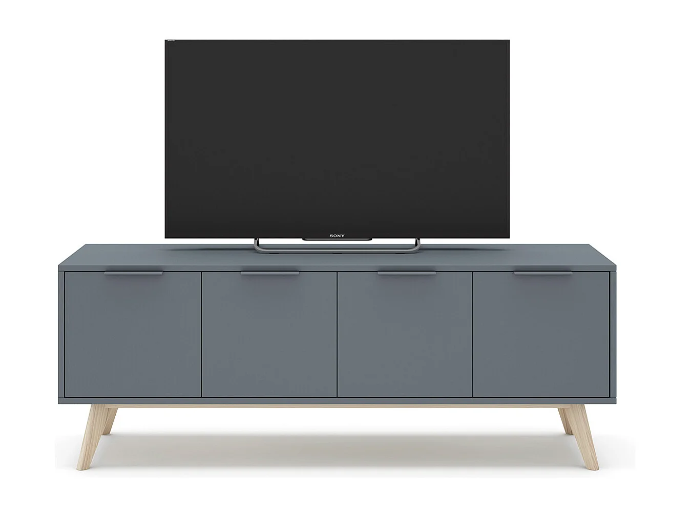 Meuble TV, Meuble de salon avec 4 portes aspect bois coloris Vert Kaki, pieds en pin coloris blanc ciré - Longueur 140 x Profondeur 40 x Hauteur 53 cm