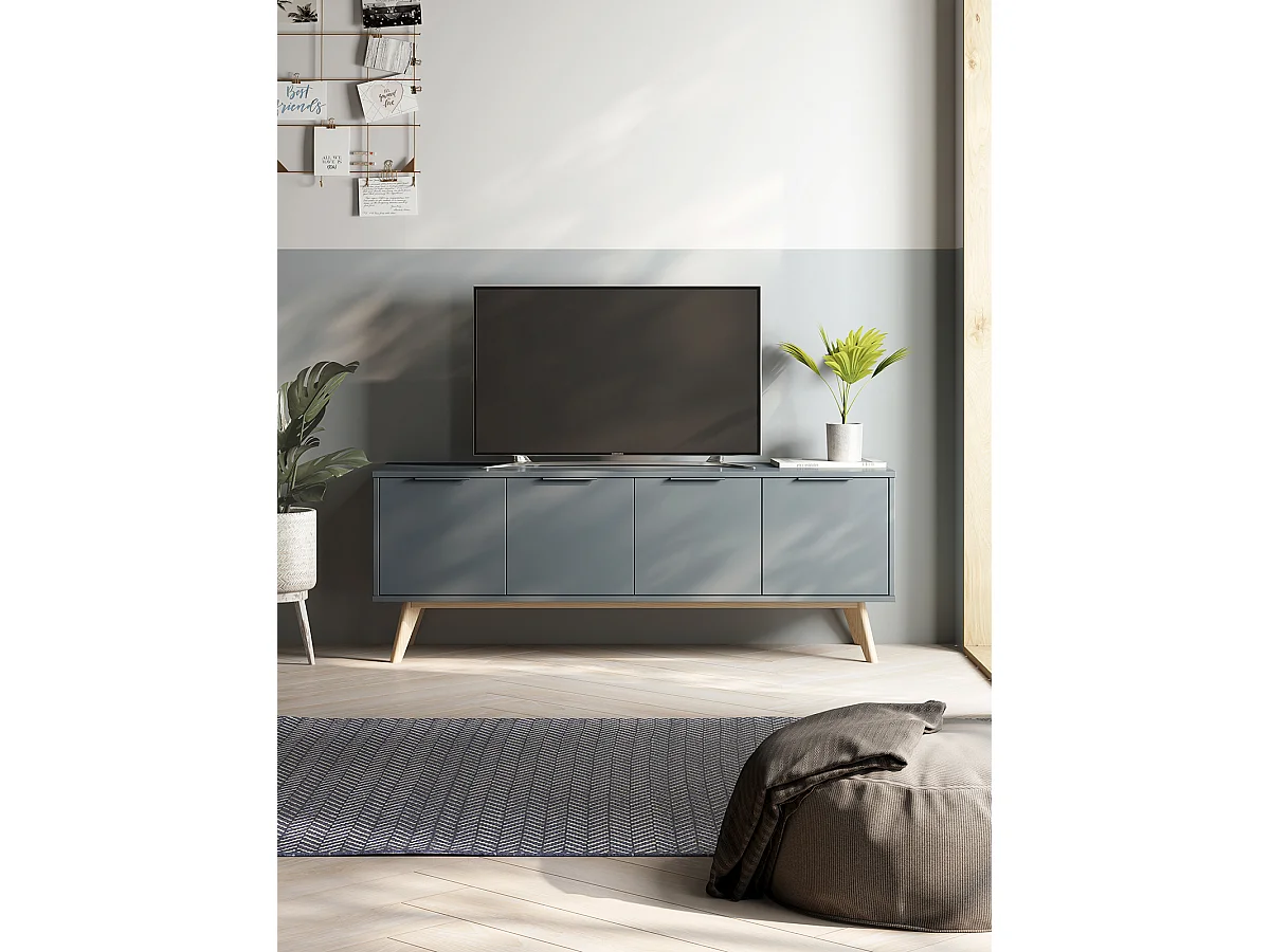 Meuble TV, Meuble de salon avec 4 portes aspect bois coloris Vert Kaki, pieds en pin coloris blanc ciré - Longueur 140 x Profondeur 40 x Hauteur 53 cm