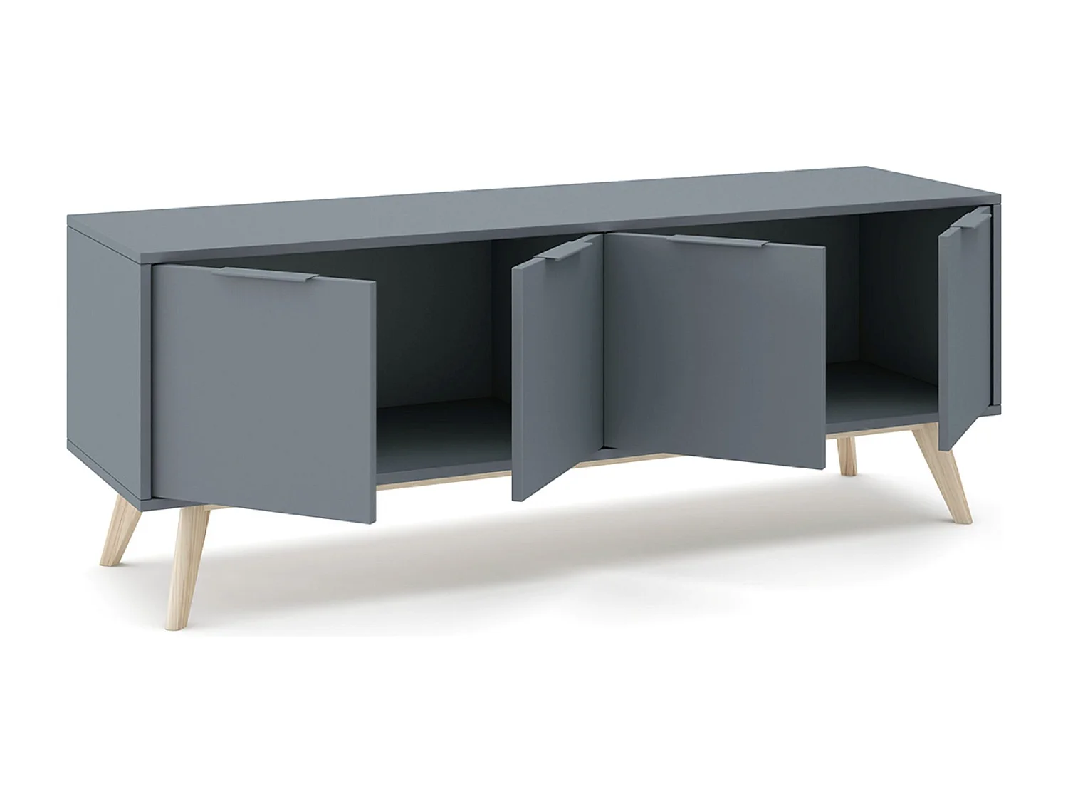 Meuble TV, Meuble de salon avec 4 portes aspect bois coloris Vert Kaki, pieds en pin coloris blanc ciré - Longueur 140 x Profondeur 40 x Hauteur 53 cm