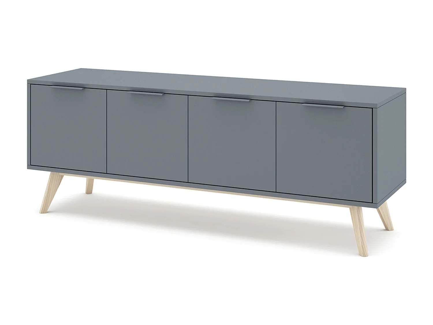 Meuble TV, Meuble de salon avec 4 portes aspect bois coloris Vert Kaki, pieds en pin coloris blanc ciré - Longueur 140 x Profondeur 40 x Hauteur 53 cm