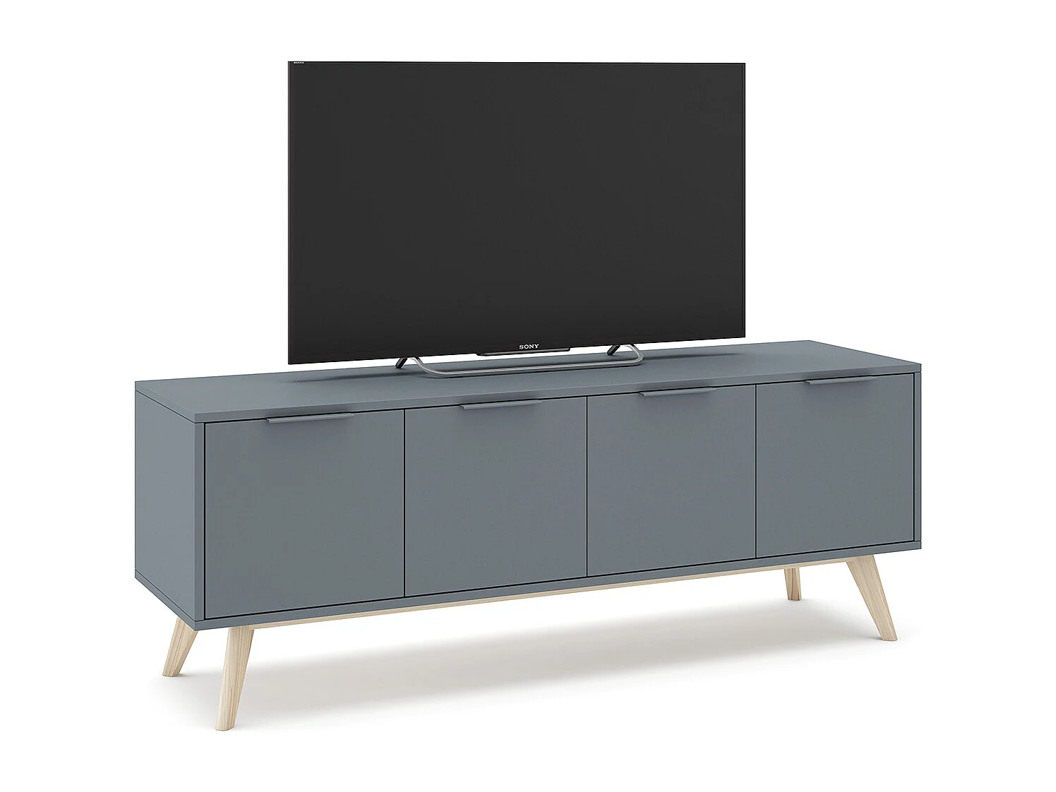 Meuble TV, Meuble de salon avec 4 portes aspect bois coloris Vert Kaki, pieds en pin coloris blanc ciré - Longueur 140 x Profondeur 40 x Hauteur 53 cm