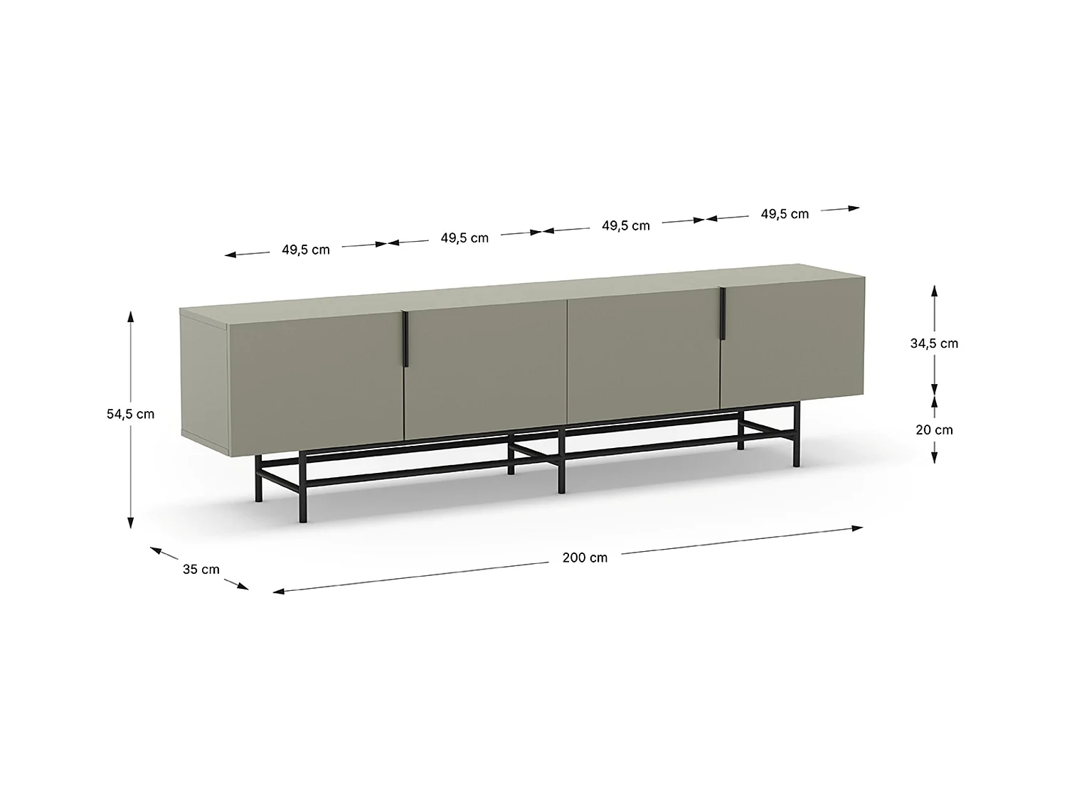 Meuble TV, meuble de salon aspect bois coloris vert et pieds en métal noir - Longueur 200 x Profondeur 35 x Hauteur 55 cm