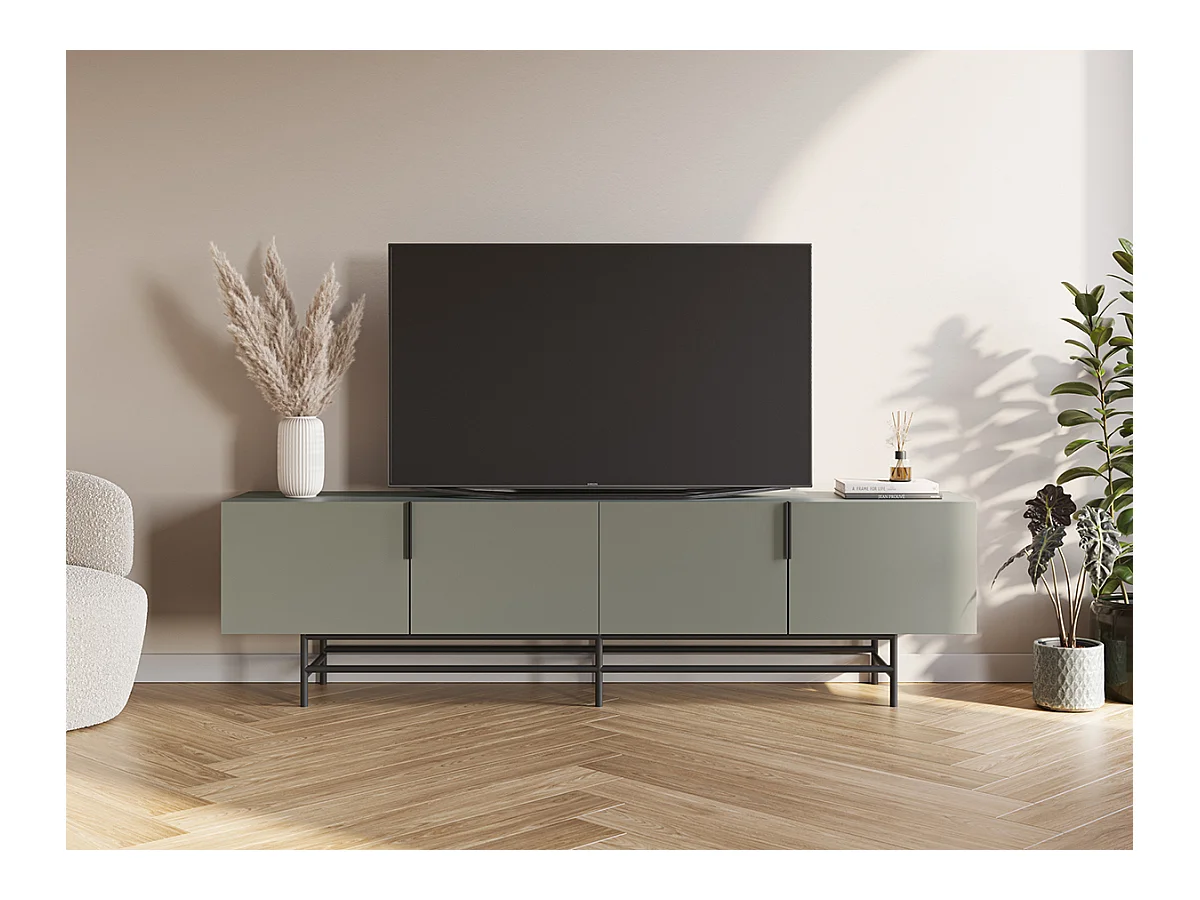 Meuble TV, meuble de salon aspect bois coloris vert et pieds en métal noir - Longueur 200 x Profondeur 35 x Hauteur 55 cm