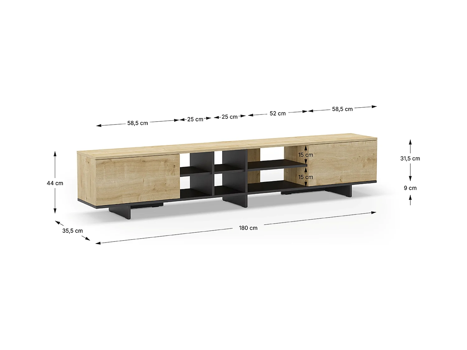 Meuble TV, meuble de salon avec 2 portes aspect bois coloris noir, chêne - Longueur 230 x Profondeur 35,60 x Hauteur 44 cm