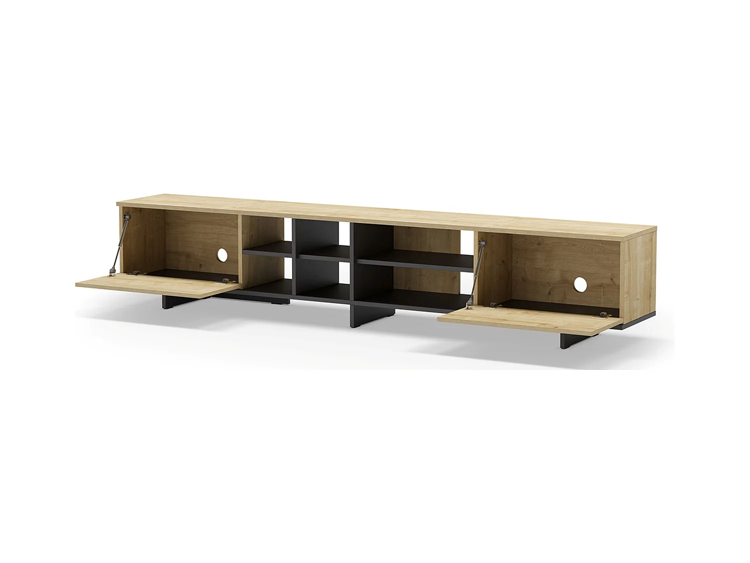 Meuble TV, meuble de salon avec 2 portes aspect bois coloris noir, chêne - Longueur 230 x Profondeur 35,60 x Hauteur 44 cm