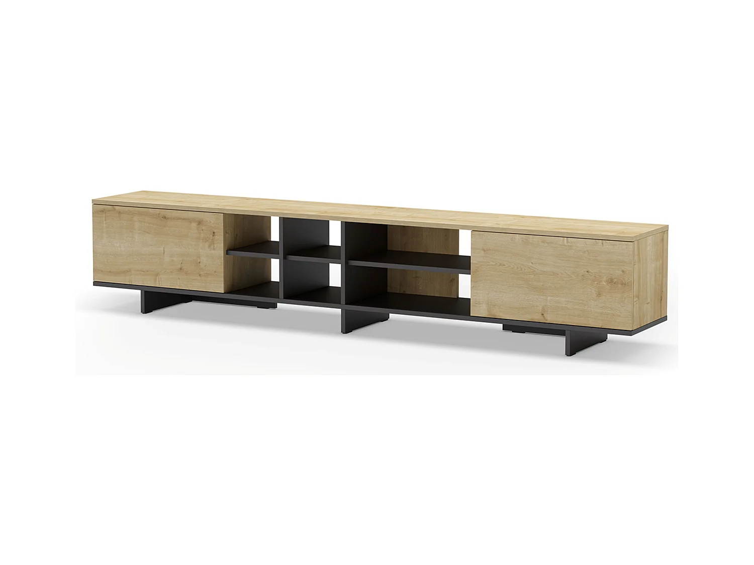 Meuble TV, meuble de salon avec 2 portes aspect bois coloris noir, chêne - Longueur 230 x Profondeur 35,60 x Hauteur 44 cm
