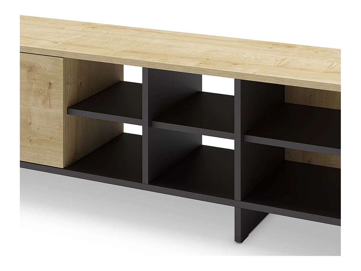 Meuble TV, meuble de salon avec 2 portes aspect bois coloris noir, chêne - Longueur 230 x Profondeur 35,60 x Hauteur 44 cm