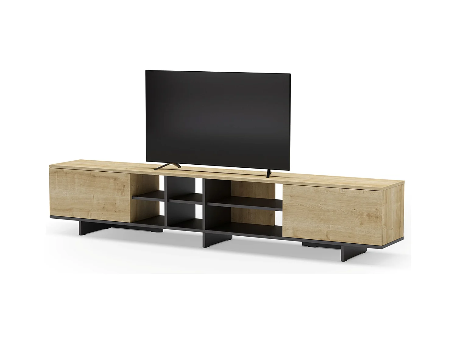 Meuble TV, meuble de salon avec 2 portes aspect bois coloris noir, chêne - Longueur 230 x Profondeur 35,60 x Hauteur 44 cm