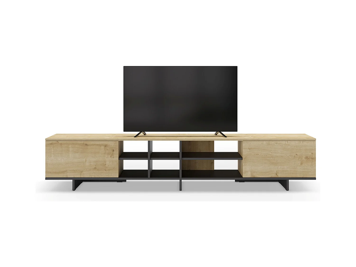 Meuble TV, meuble de salon avec 2 portes aspect bois coloris noir, chêne - Longueur 230 x Profondeur 35,60 x Hauteur 44 cm
