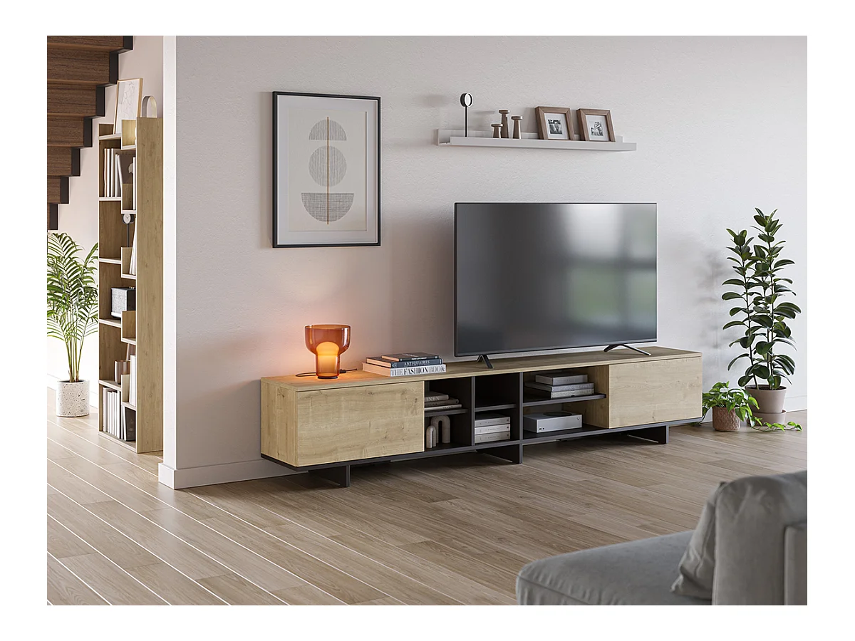 Meuble TV, meuble de salon avec 2 portes aspect bois coloris noir, chêne - Longueur 230 x Profondeur 35,60 x Hauteur 44 cm