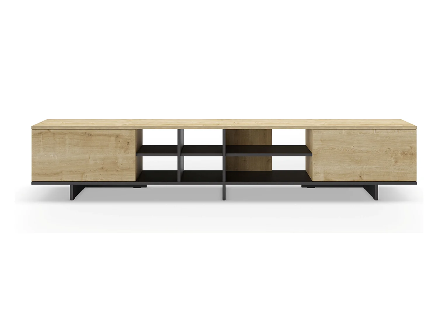 Meuble TV, meuble de salon avec 2 portes aspect bois coloris noir, chêne - Longueur 230 x Profondeur 35,60 x Hauteur 44 cm
