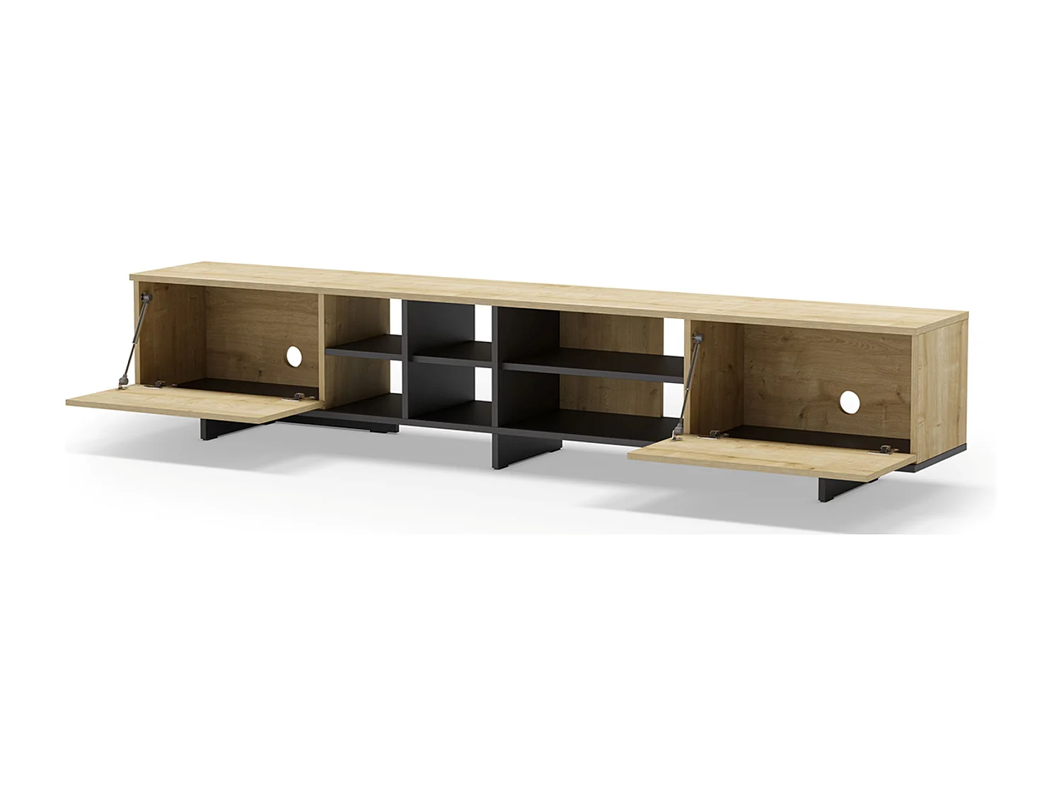 Meuble TV, meuble de salon avec 2 portes aspect bois coloris noir, chêne - Longueur 230 x Profondeur 35,60 x Hauteur 44 cm