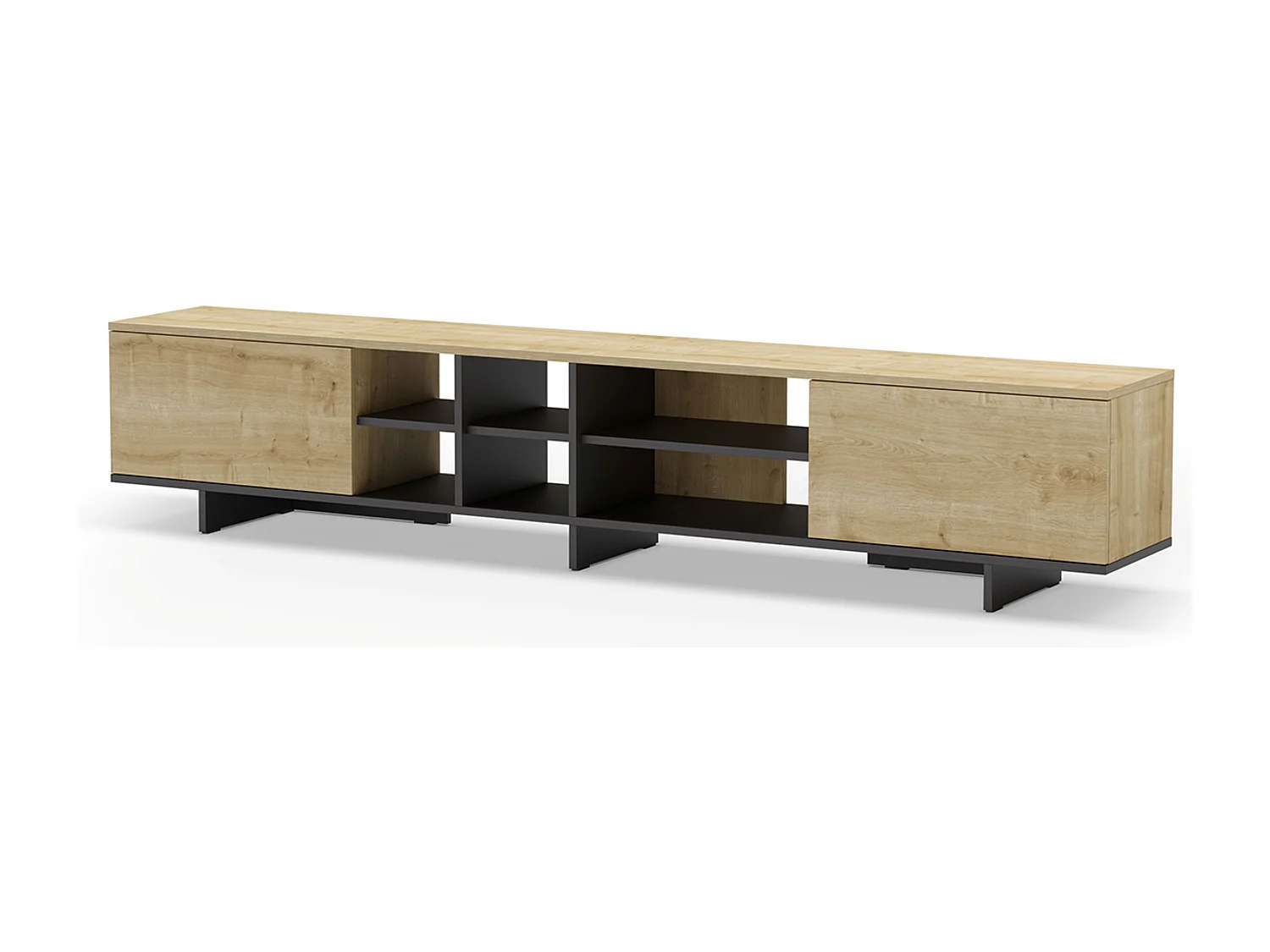 Meuble TV, meuble de salon avec 2 portes aspect bois coloris noir, chêne - Longueur 230 x Profondeur 35,60 x Hauteur 44 cm