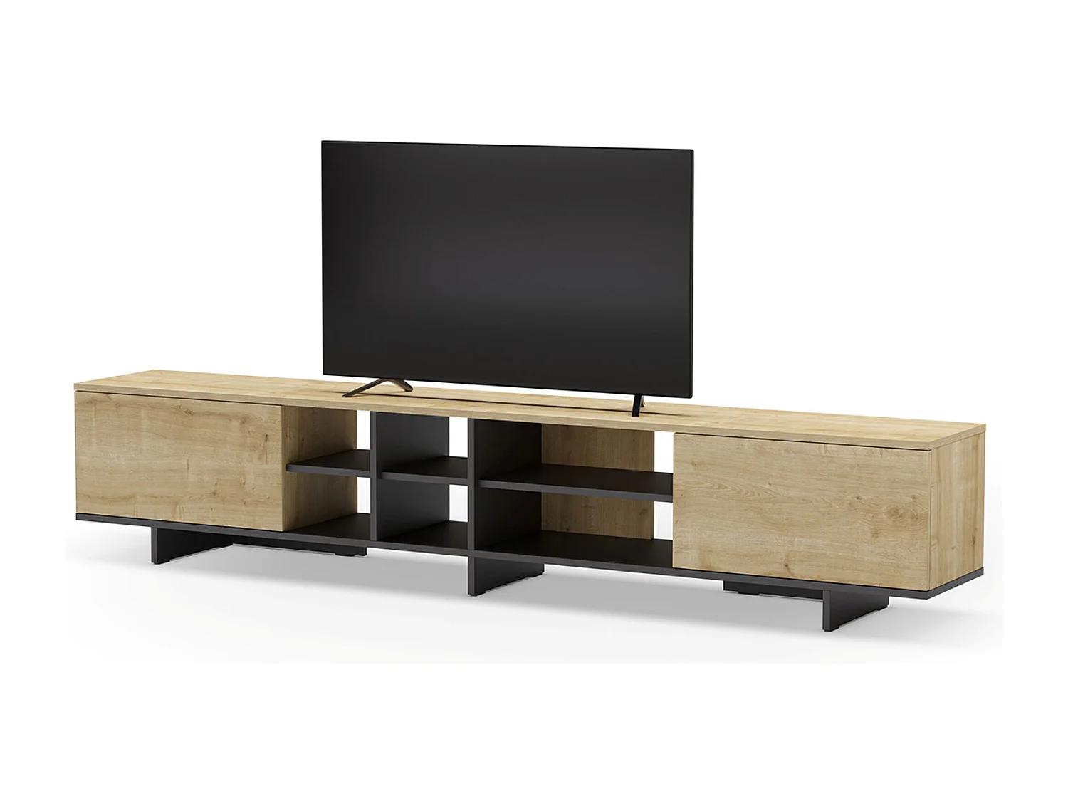 Meuble TV, meuble de salon avec 2 portes aspect bois coloris noir, chêne - Longueur 230 x Profondeur 35,60 x Hauteur 44 cm