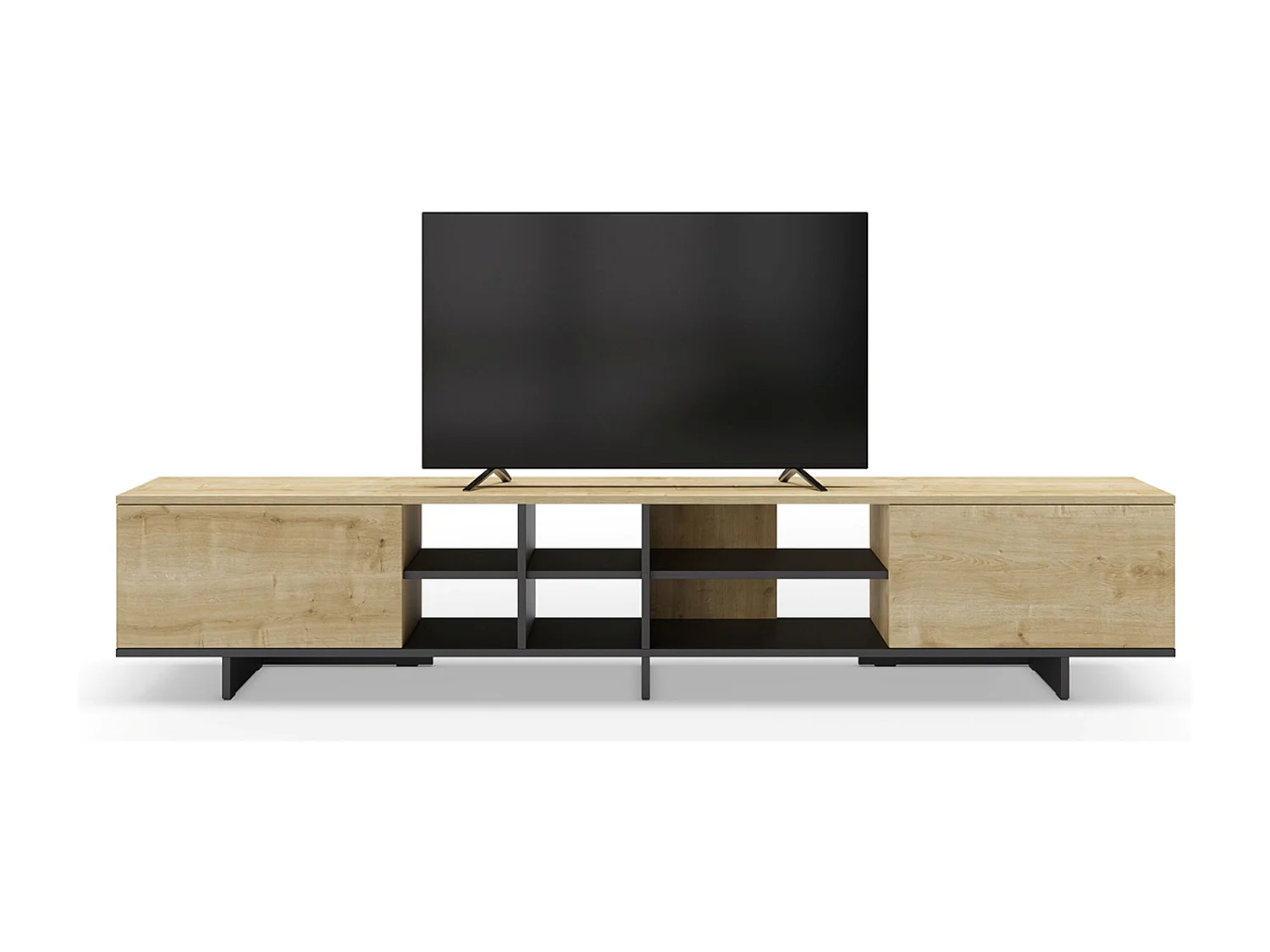 Meuble TV, meuble de salon avec 2 portes aspect bois coloris noir, chêne - Longueur 230 x Profondeur 35,60 x Hauteur 44 cm