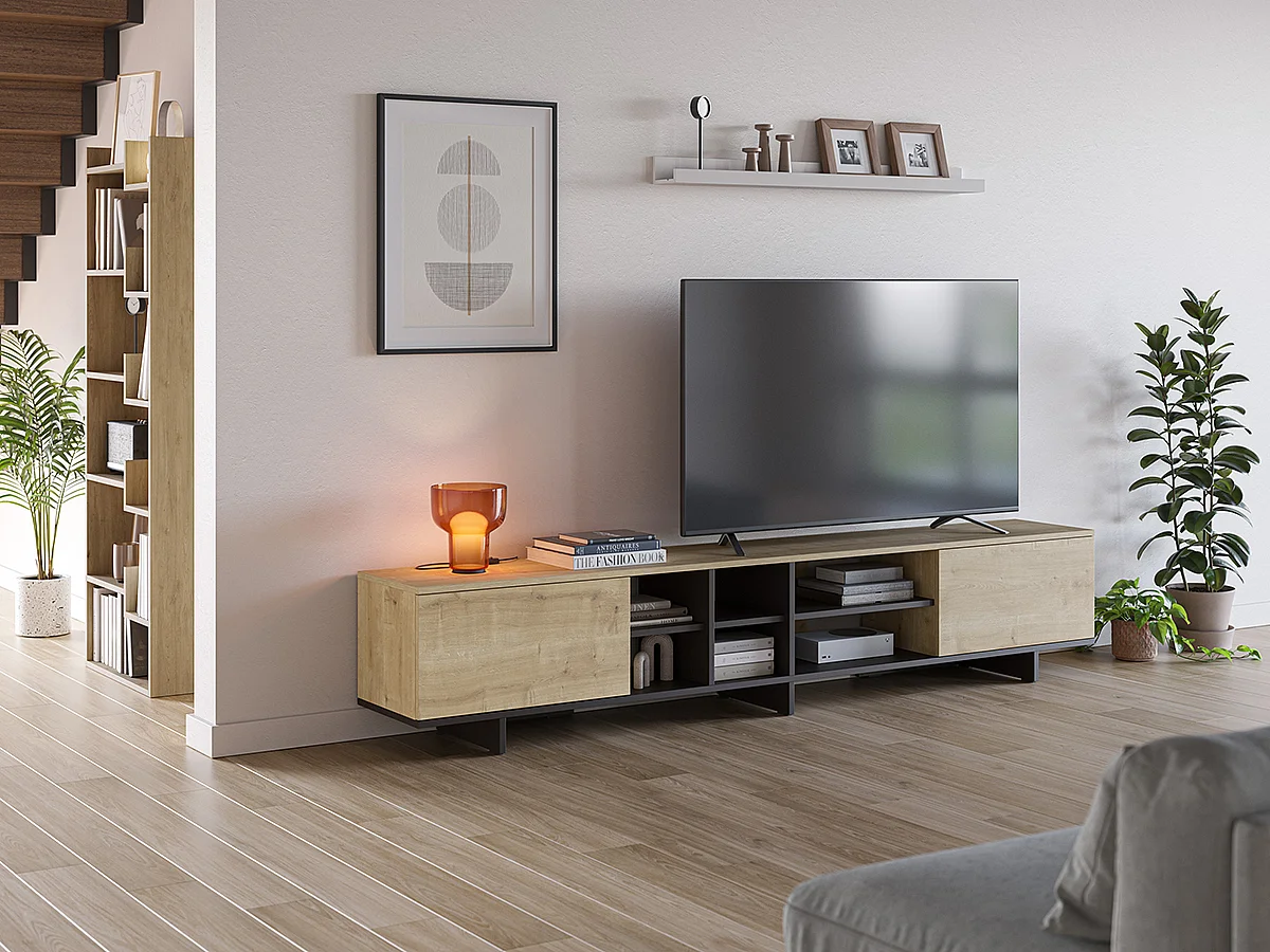Meuble TV, meuble de salon avec 2 portes aspect bois coloris noir, chêne - Longueur 230 x Profondeur 35,60 x Hauteur 44 cm