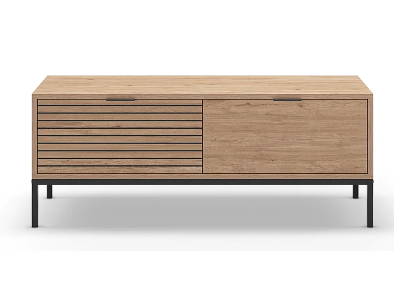 Meuble TV, Meuble de salon avec 2 tiroirs aspect bois coloris naturel, pieds en métal coloris noir - Longueur 120 x Profondeur 40 x Hauteur 48 cm