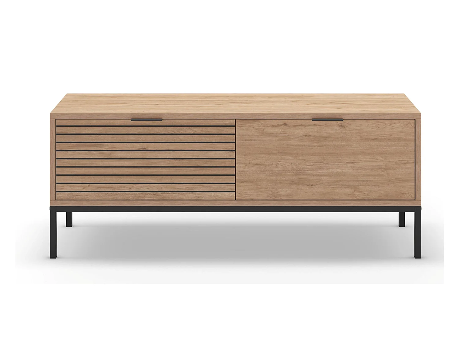 Meuble TV, Meuble de salon avec 2 tiroirs aspect bois coloris naturel, pieds en métal coloris noir - Longueur 120 x Profondeur 40 x Hauteur 48 cm