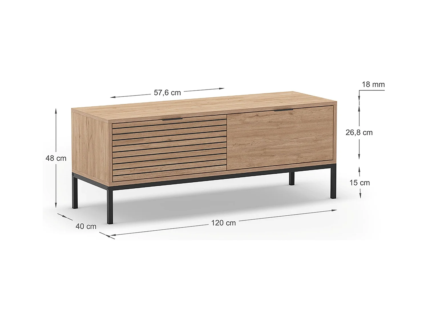 Meuble TV, Meuble de salon avec 2 tiroirs aspect bois coloris naturel, pieds en métal coloris noir - Longueur 120 x Profondeur 40 x Hauteur 48 cm