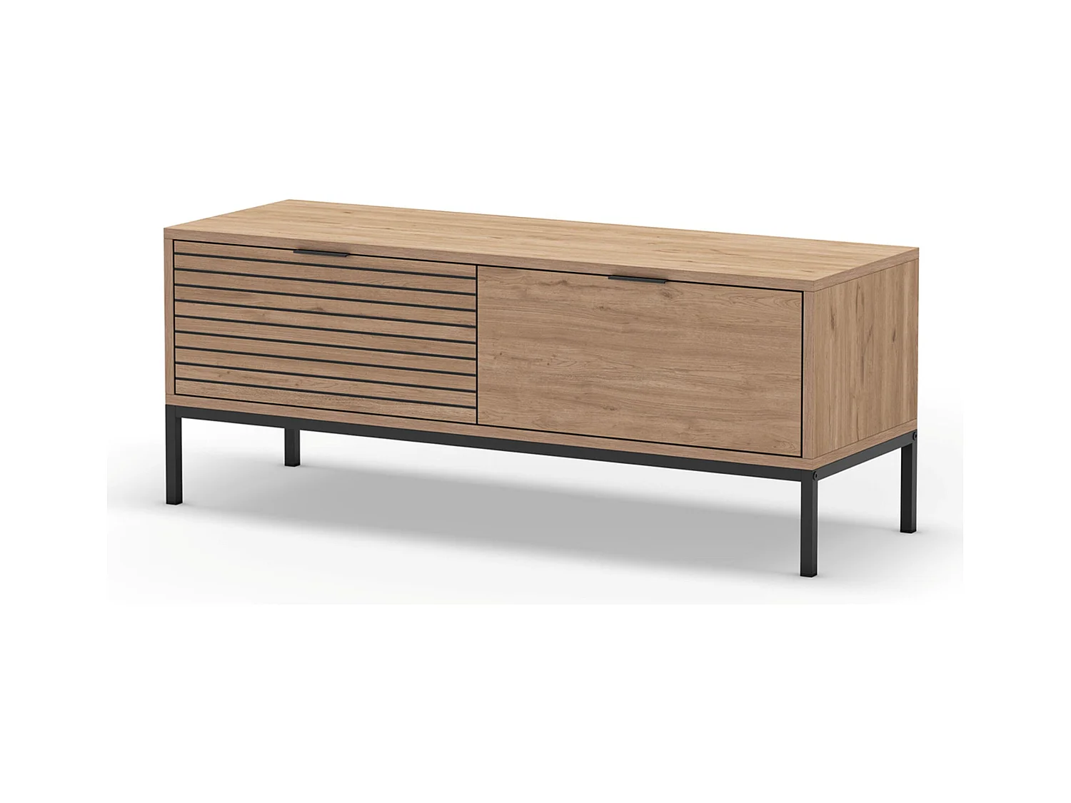 Meuble TV, Meuble de salon avec 2 tiroirs aspect bois coloris naturel, pieds en métal coloris noir - Longueur 120 x Profondeur 40 x Hauteur 48 cm