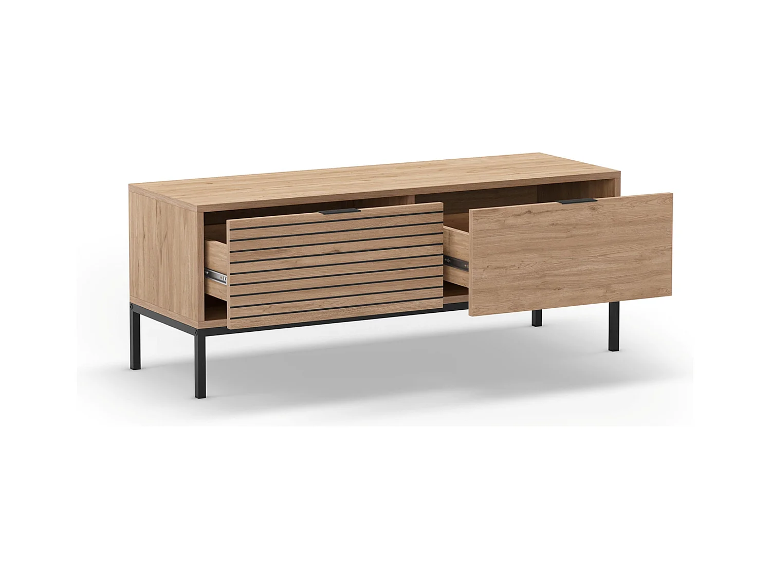 Meuble TV, Meuble de salon avec 2 tiroirs aspect bois coloris naturel, pieds en métal coloris noir - Longueur 120 x Profondeur 40 x Hauteur 48 cm