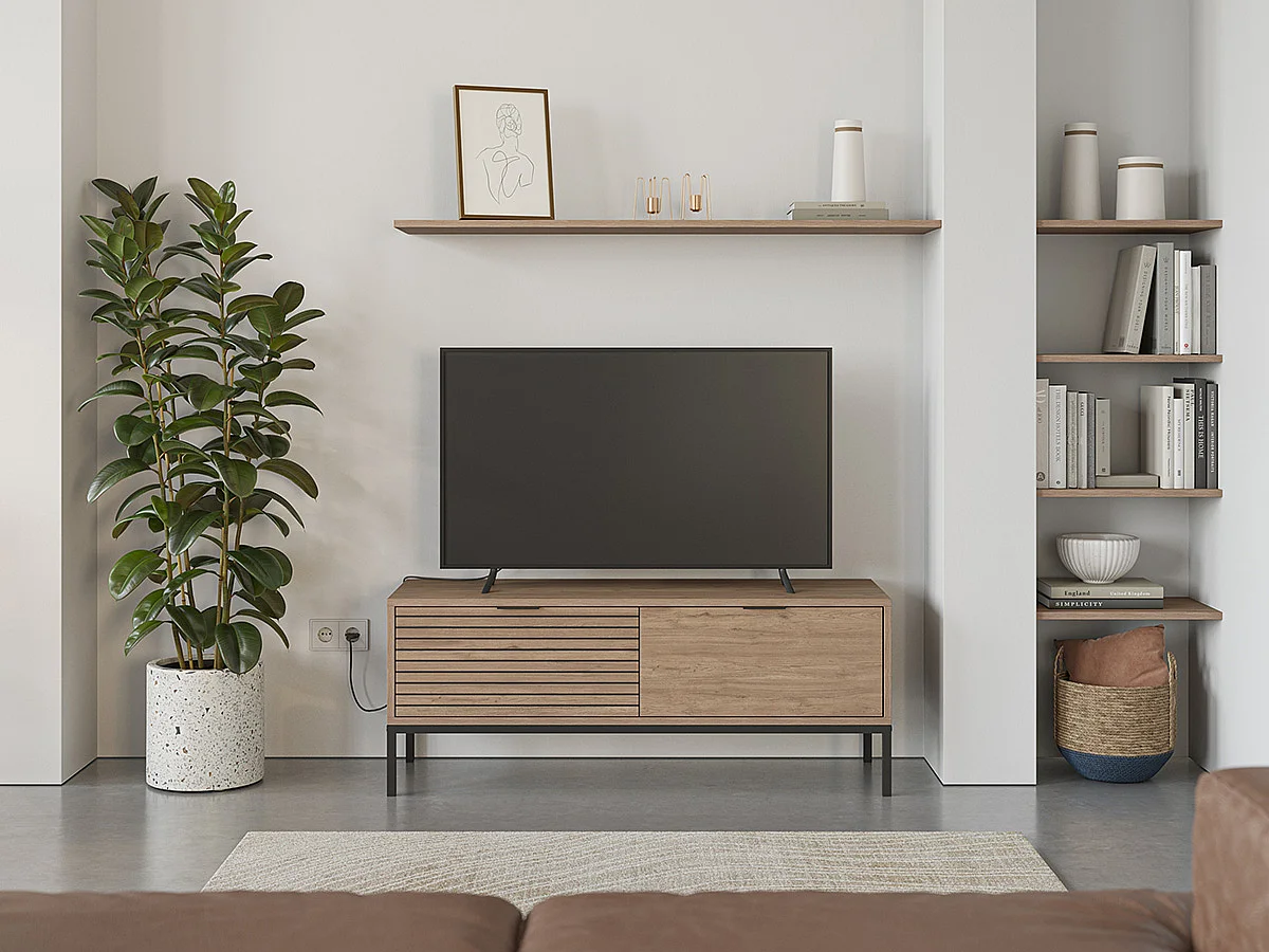 Meuble TV, Meuble de salon avec 2 tiroirs aspect bois coloris naturel, pieds en métal coloris noir - Longueur 120 x Profondeur 40 x Hauteur 48 cm